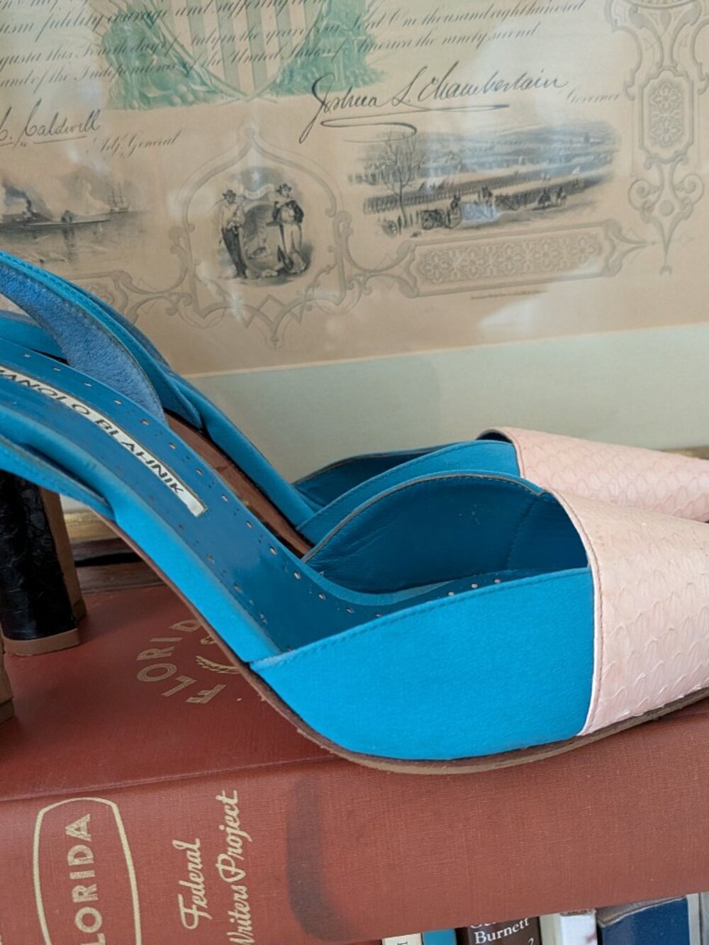 Manolo Blahnik 40/41 colorblock snakeskin blush pink turquoise black slingbacks!